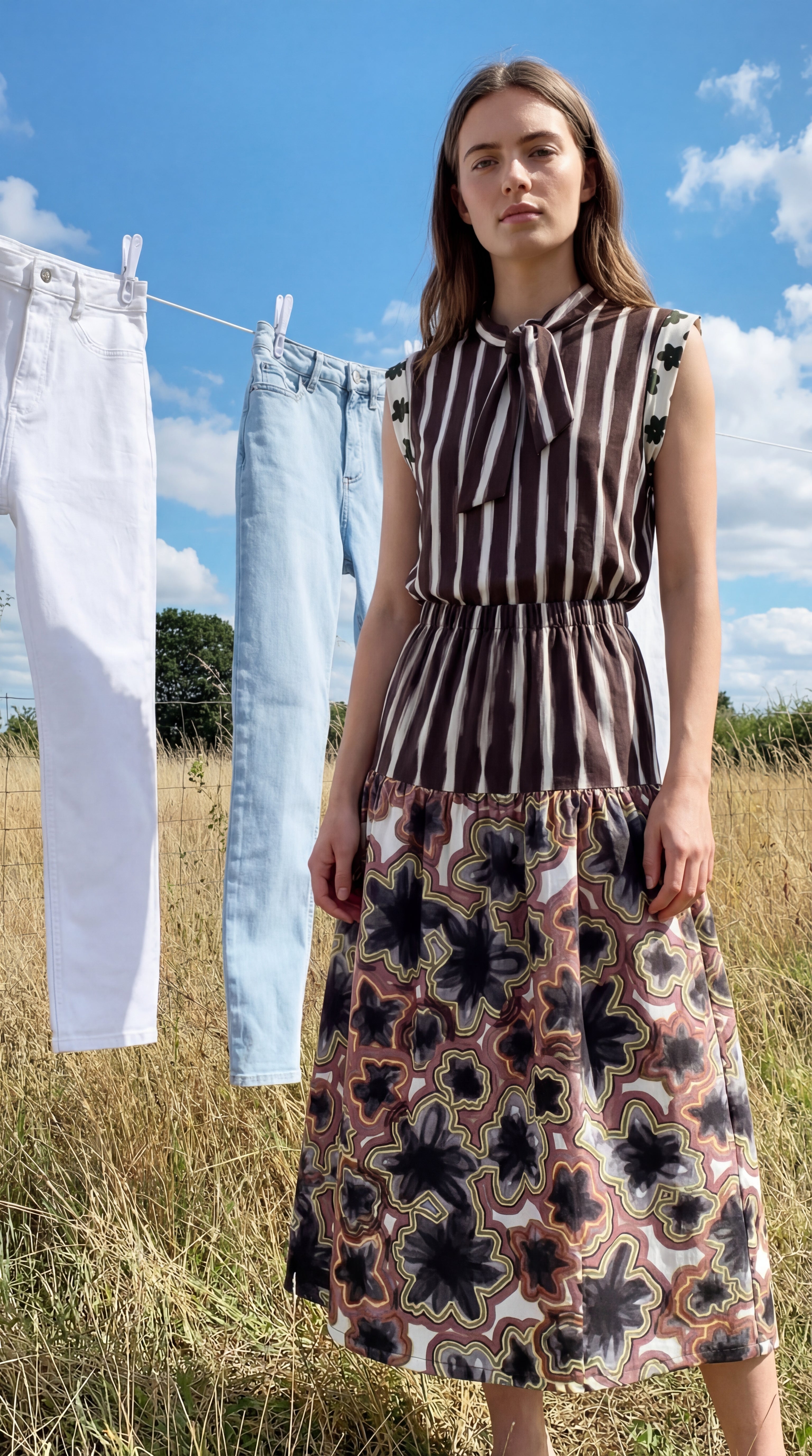 Midi Maxi Skirt - Technicolor Bloom + Black Painterly Stripes