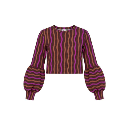 Balloon Sleeve Crewneck Tee - Wavy Stripes